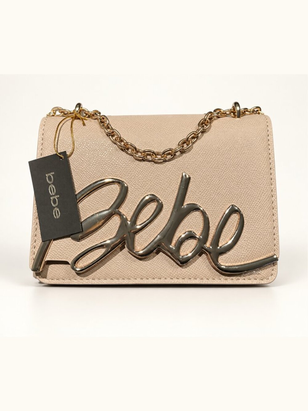 Bebe Gabriel Taupe Script Logo Chain Crossbody Bag E06-4499 NWT